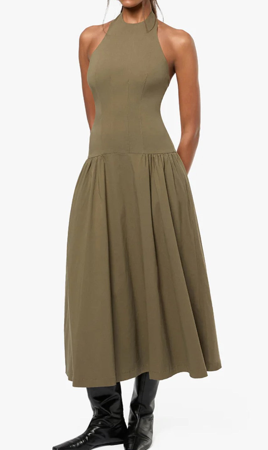 WWW Olive Halter Midi Dress L