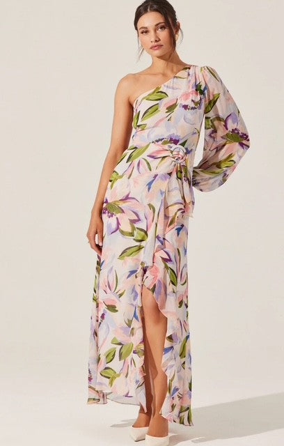 floral one shoulder maxi dress Adrianna Papell Print Chiffon Gown A pleated band at the waist sits between a gathered bodice and single tier maxi skirt Sunny Darling Cotton Floral One