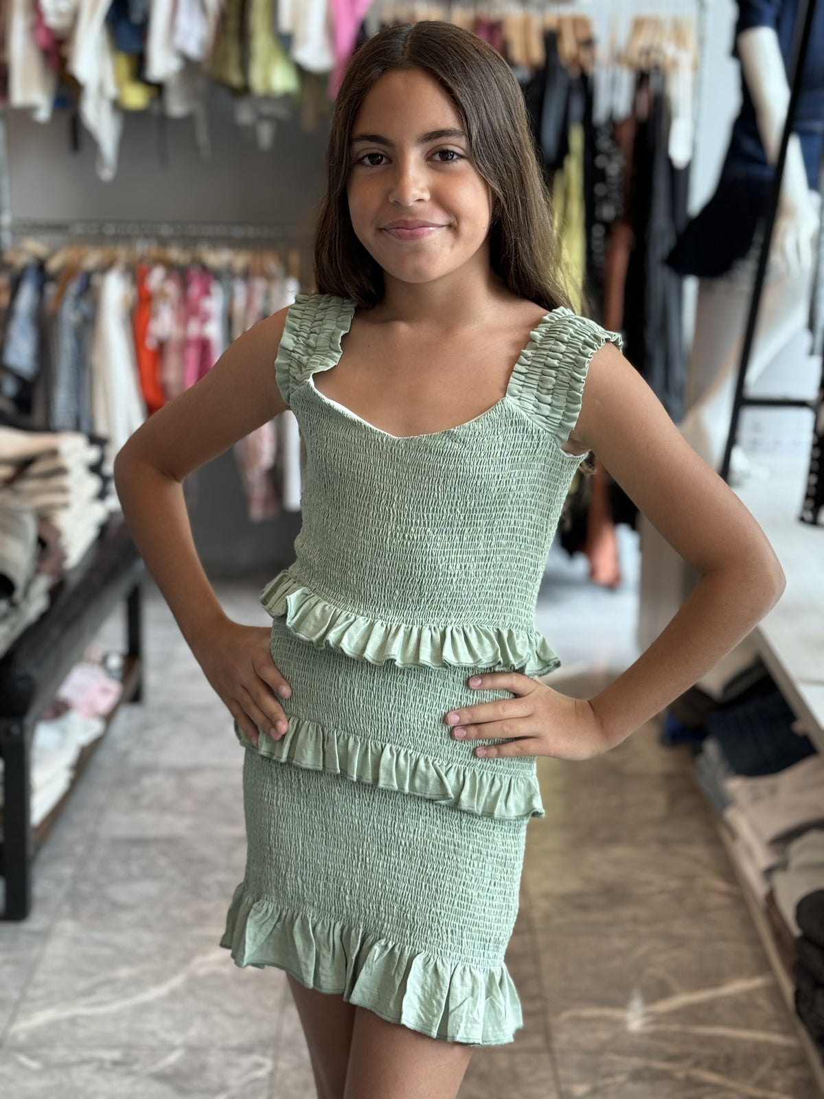 IS Green Elastic Strap Smocked Dress