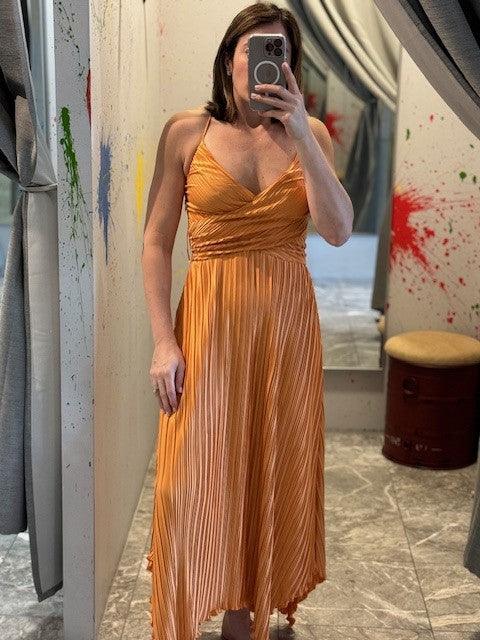ES Orange Pleated Midi Dress Small ES Orange Pleated Midi Dress Small