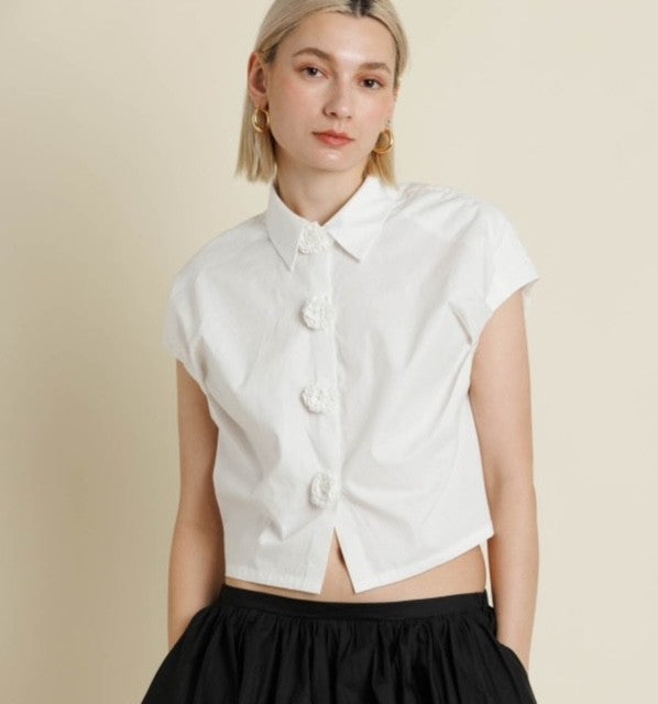 AU White Floral Button Top