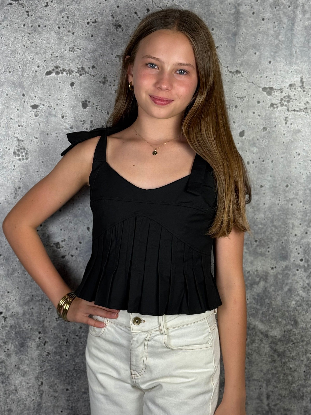 IS Black Pleated Tie Strap Top