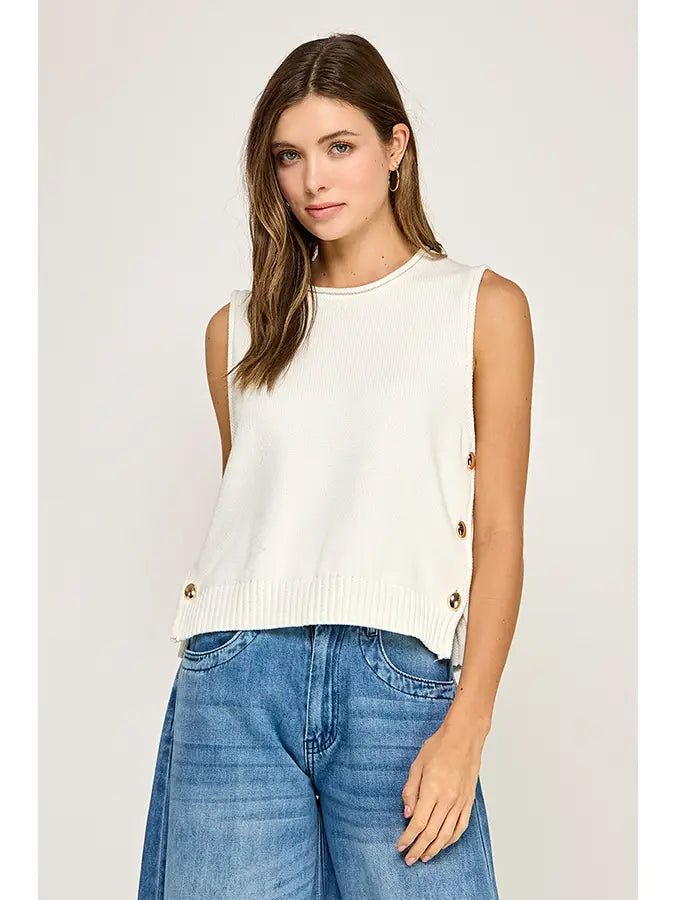 ML White Knit Side Button Top