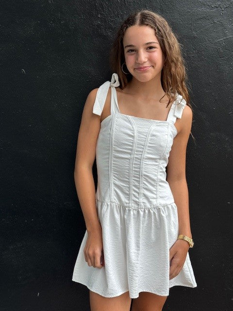 IS White Tie Straps Ruffle Dress