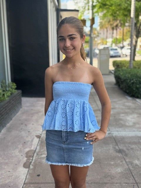 FBZ Blue Eyelet Strapless Top