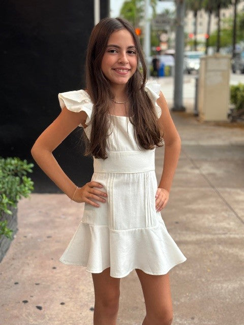 IS White Pleated Ruffle Straps Dress
