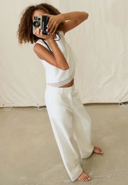 MAY White Embroidered Trim Pant