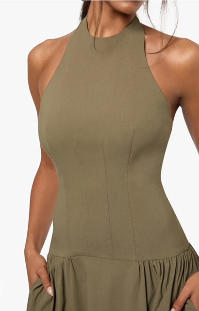 olive halter midi dress Olive Green and Choco Print Halter Neck Midi Dress alas eius