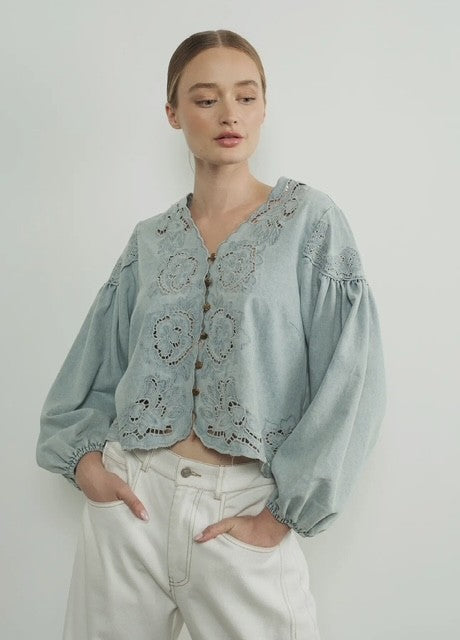 AA Denim Blue Embroidered Top
