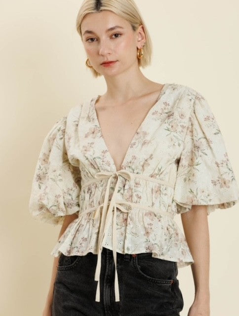 AU Beige Floral Eyelet Peplum Top