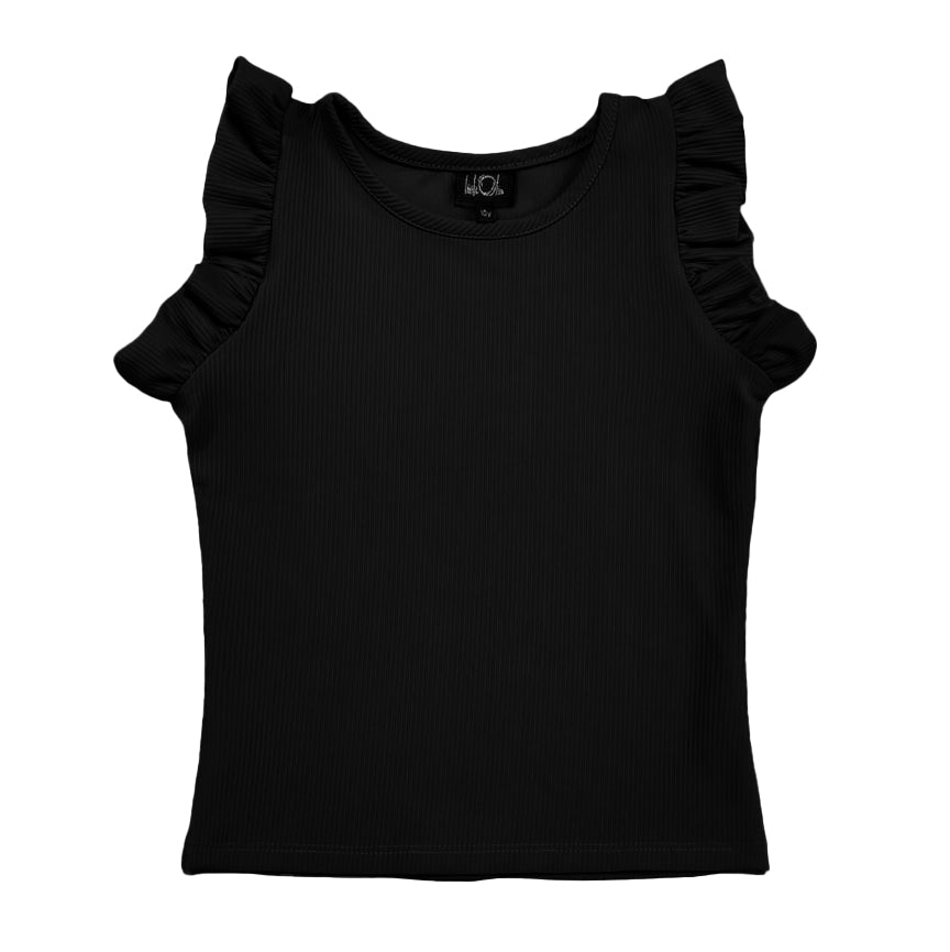LO Black Ribbed Ruffle Top
