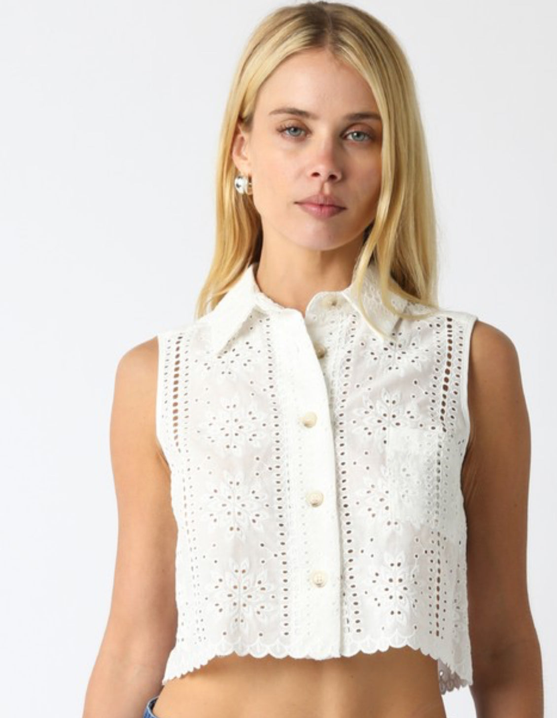OL White Eyelet Button Down Top