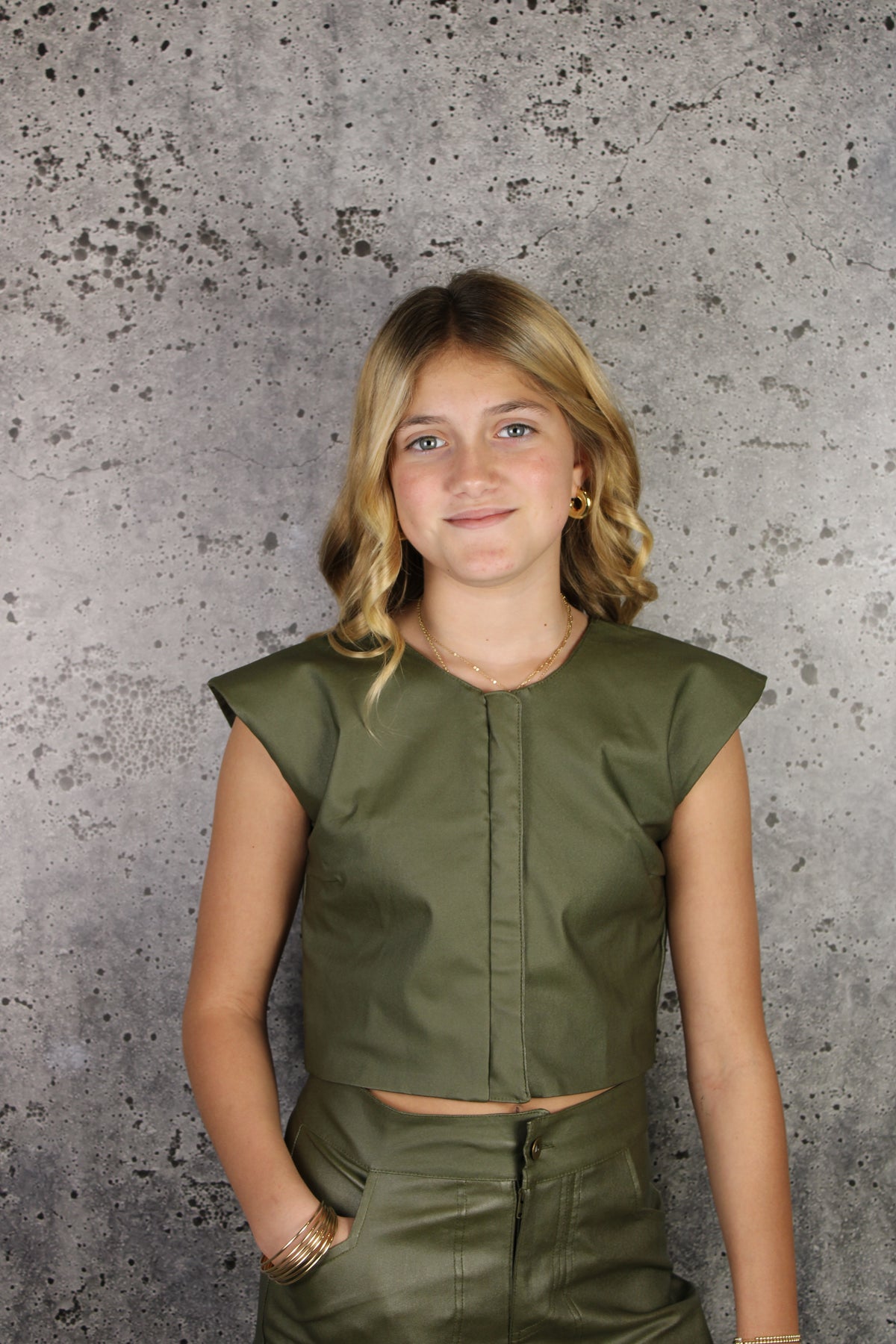 IS Green Faux leather Zipper Top
