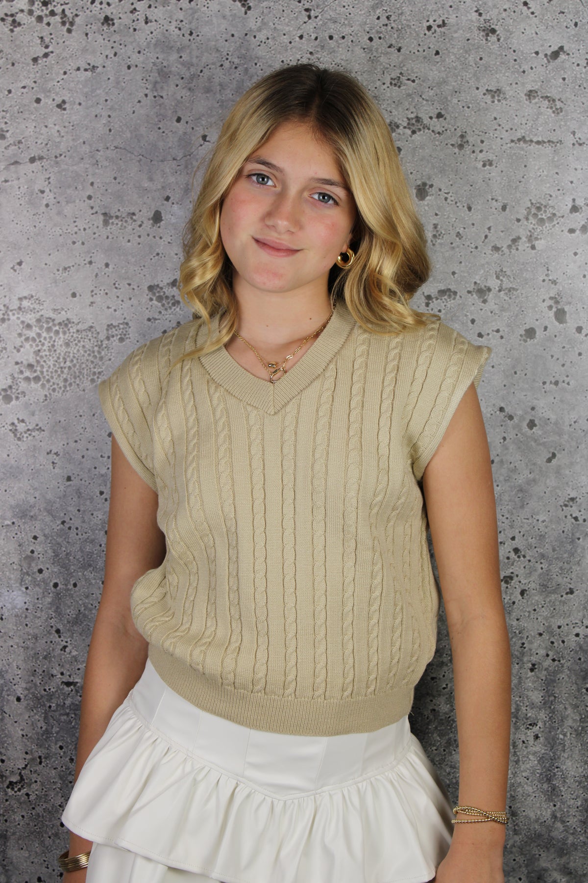 IS Beige Knit V Neck Vest