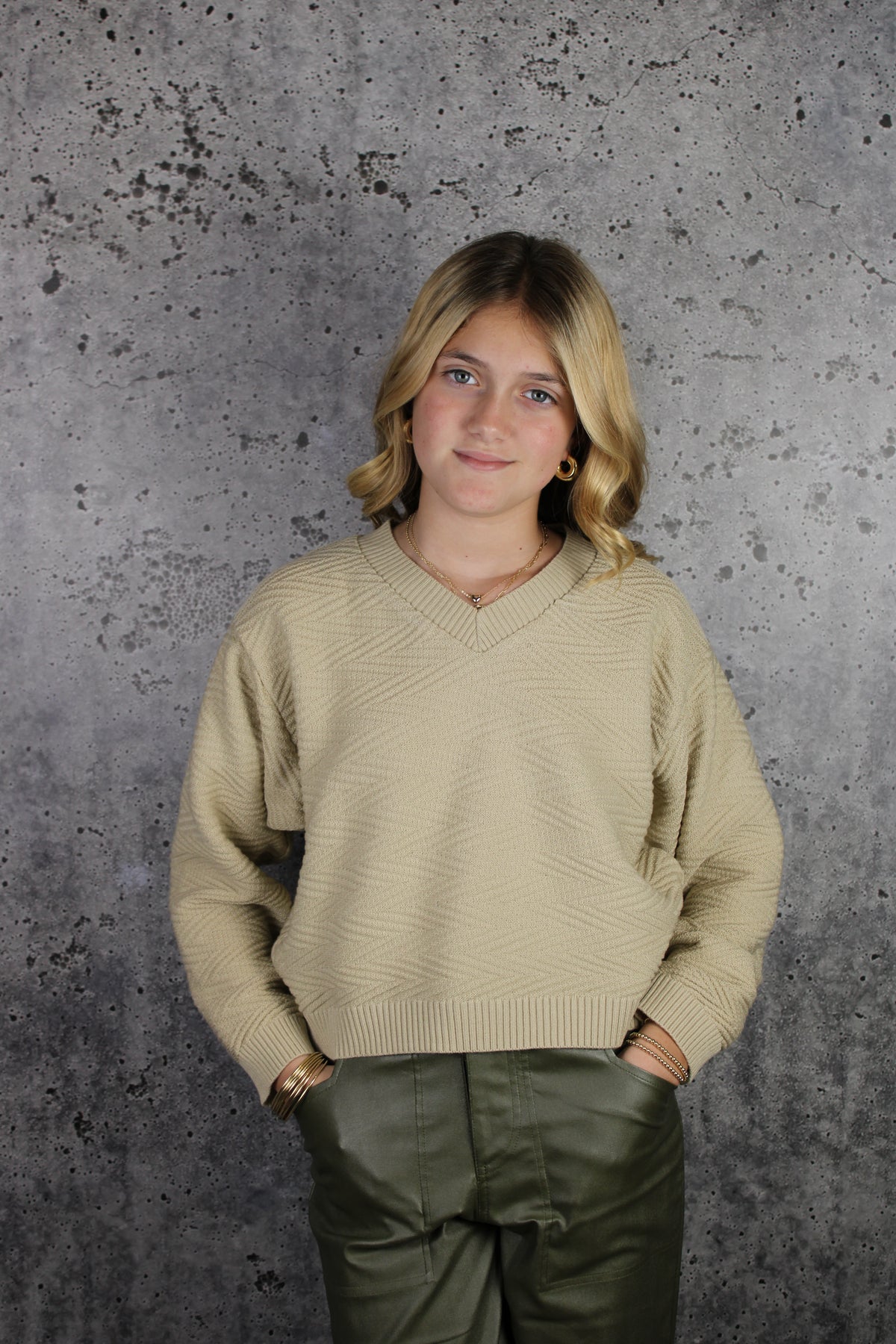 IS Beige Long Sleeve V Neck Sweater