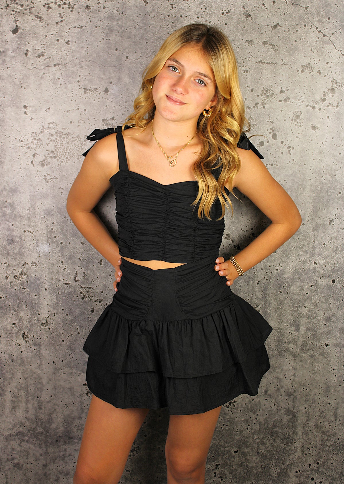 IS Black Gathered Ruffle Skort