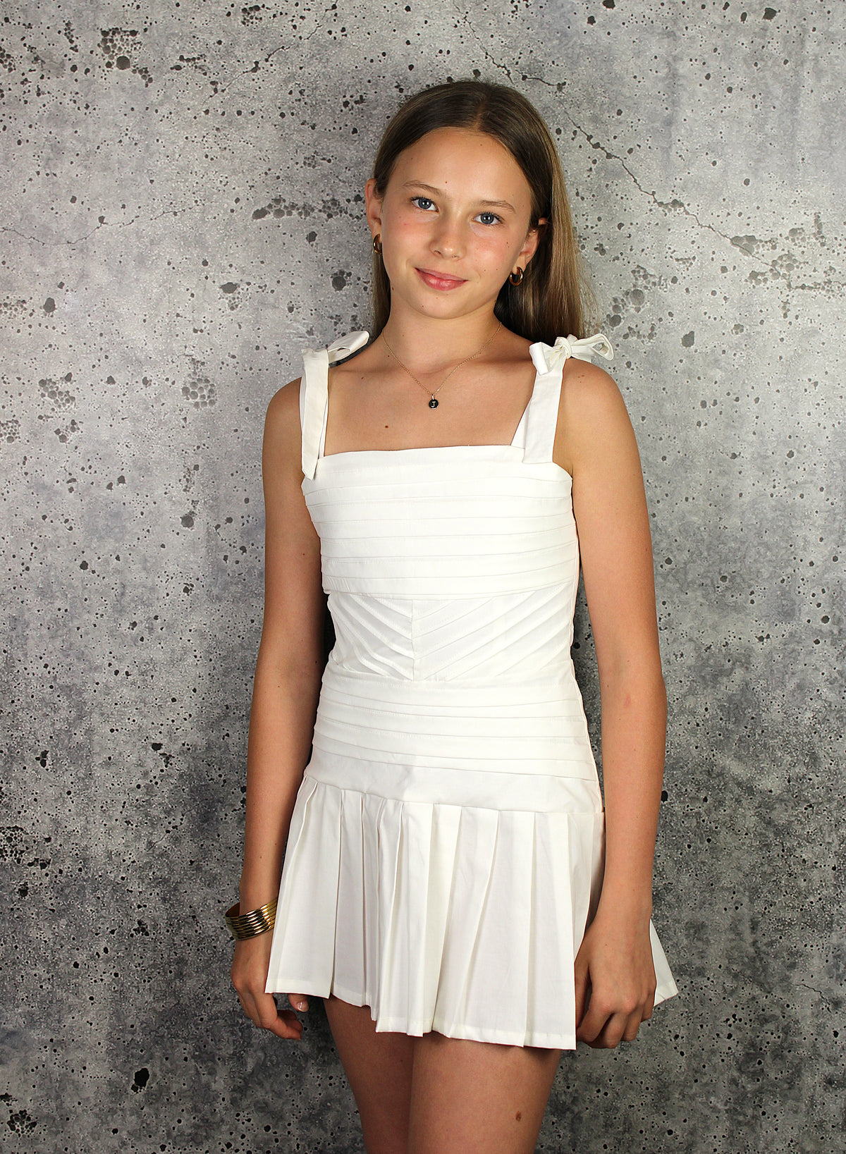white dress with pleats IS White Cross Pleats Dress – IF SO