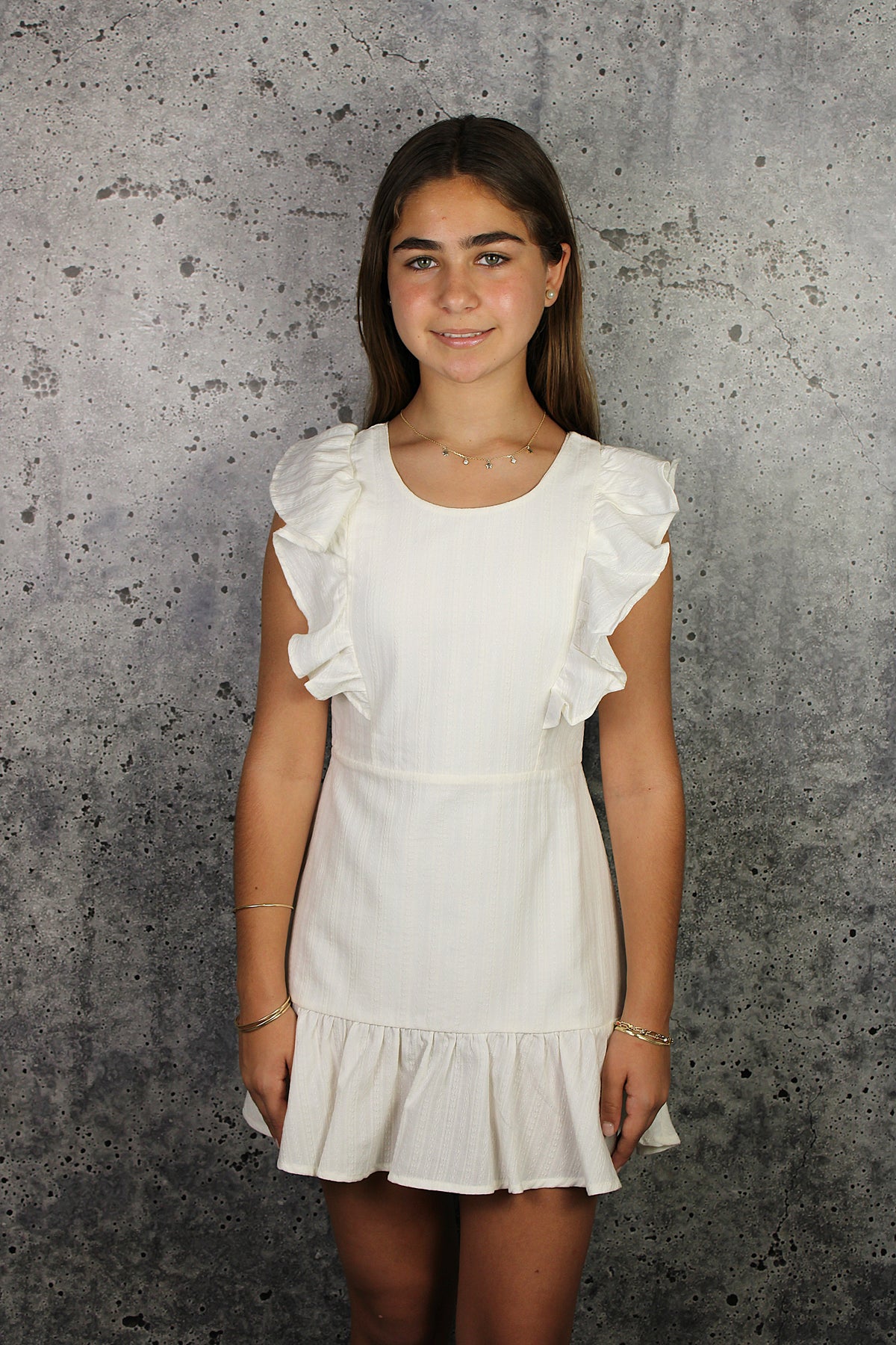 white dress ruffle sleeves Gianna Short Sleeve Tiered Maxi engagement outfits IS White Ruffle Sleeves Dress