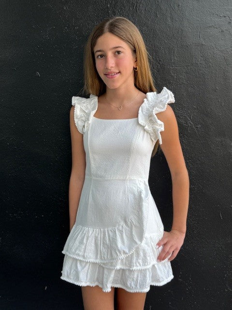IS White Ruffle Pom Pom Dress