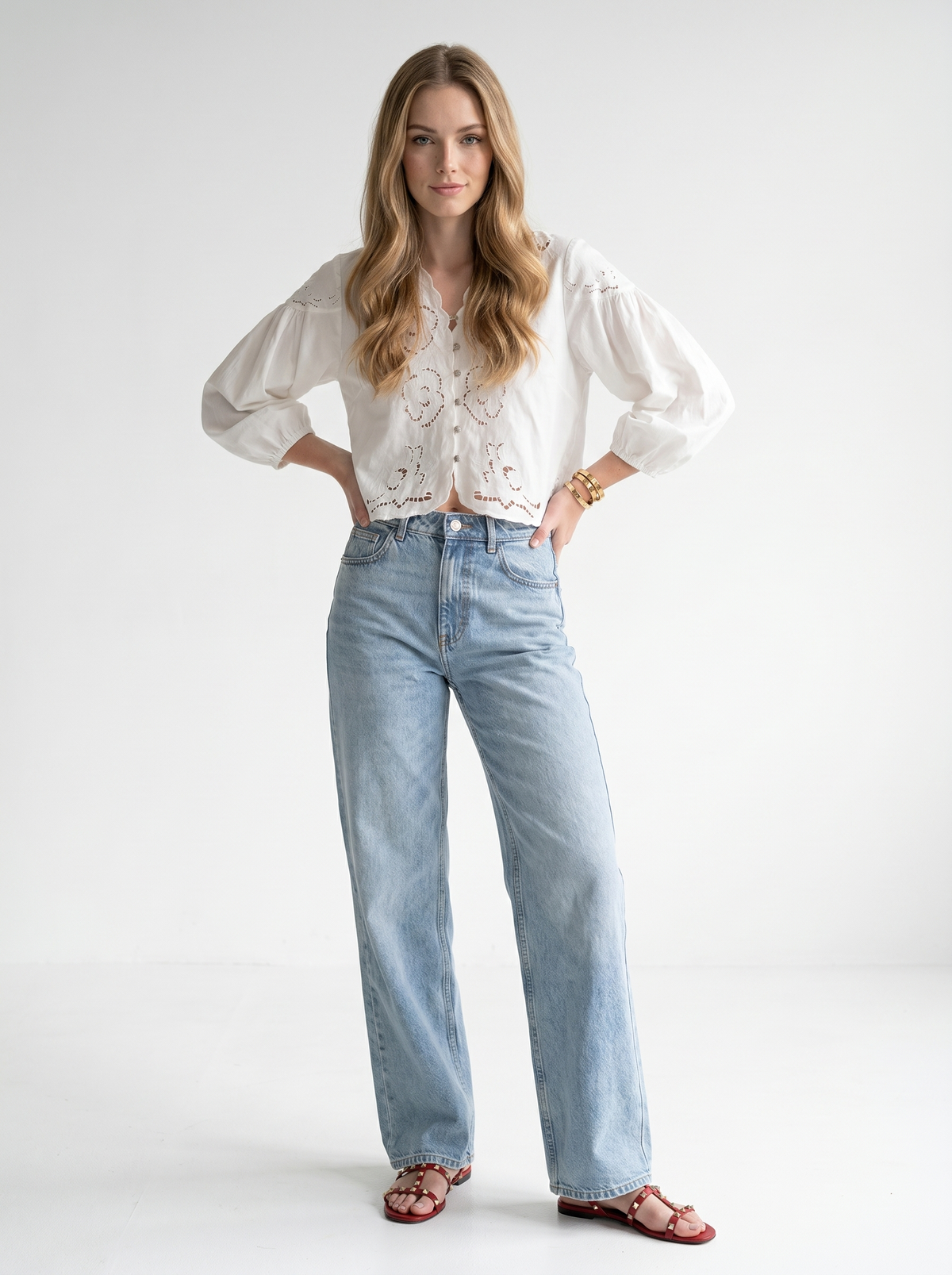 AA White Blue Embroidered Top