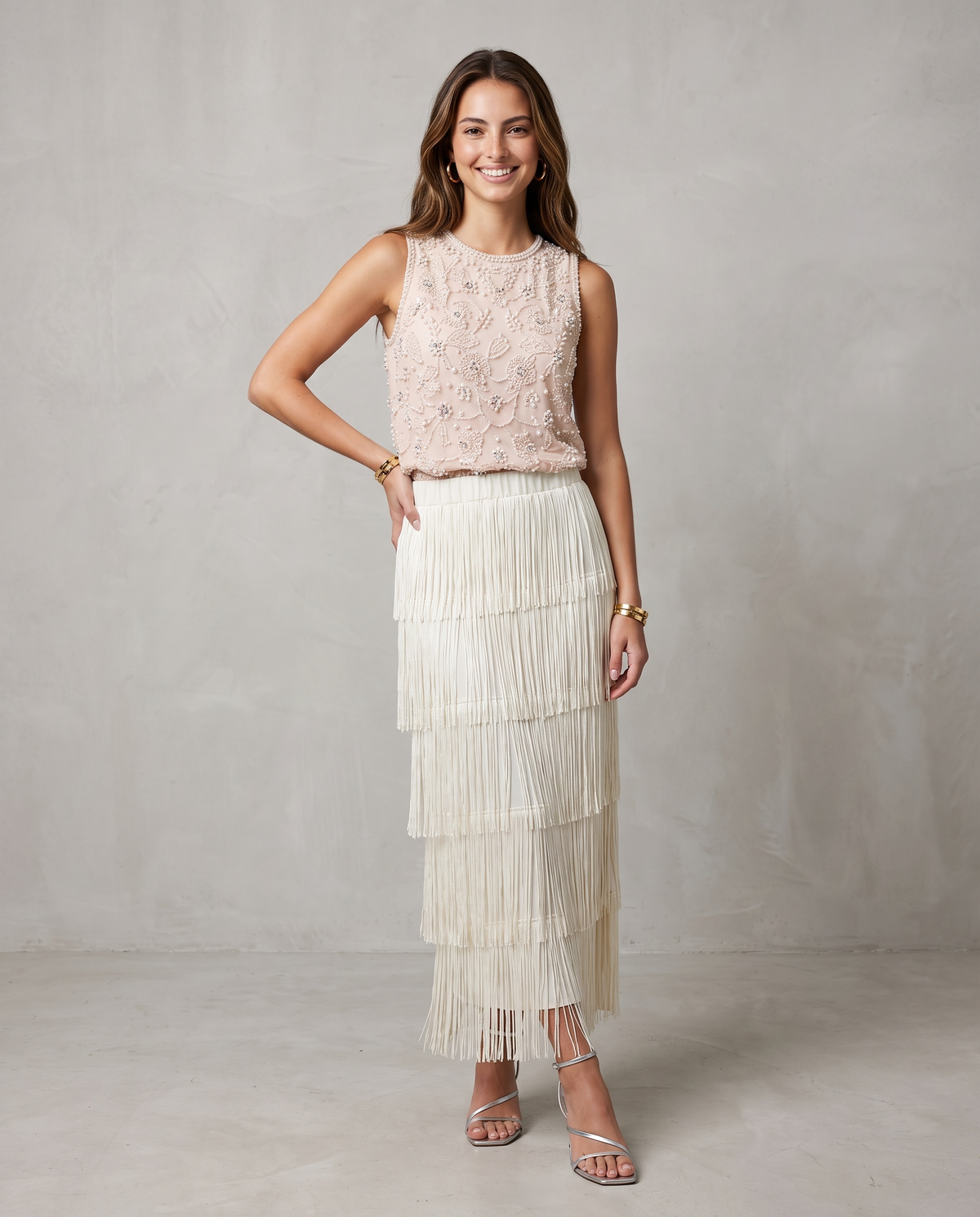 PR Off White Fringed Maxi Skirt