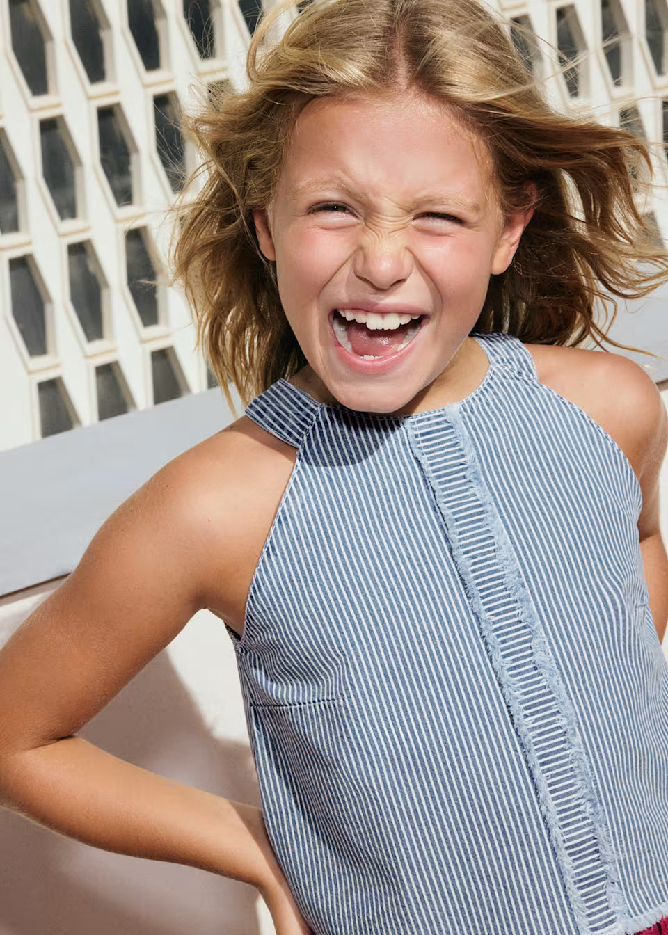 MAY Blue Stripe Frayed Top