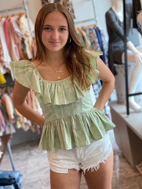 IS Green Eyelet Ruffle Top - IF SO 
