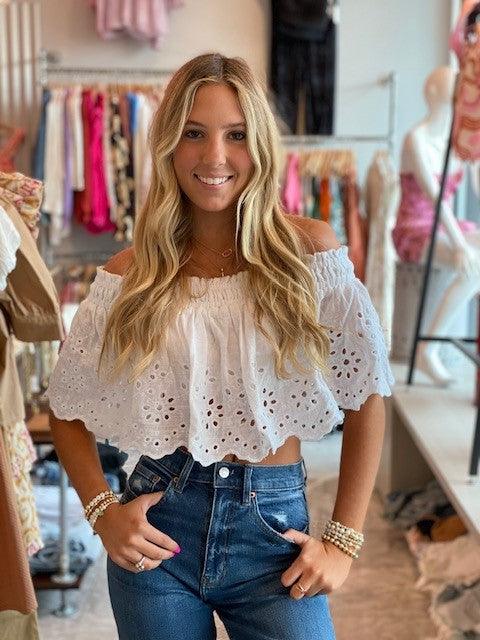 OO White Eyelet Off Shoulder Top - IF SO 